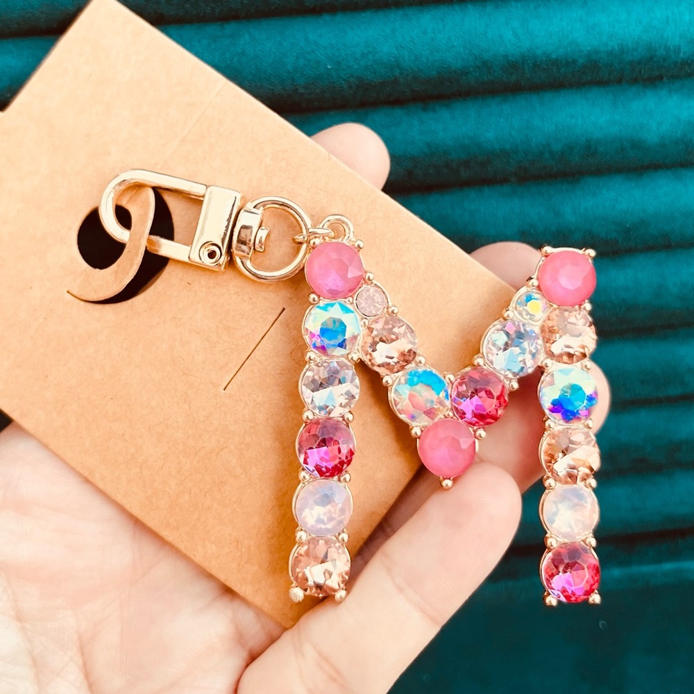 Rhinestone initial Letter “M” Keychain Bag Charm – Pink & Iridescent Crystals